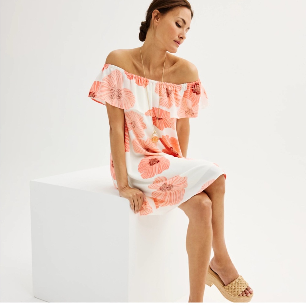 Nine West Off-Shoulder Floral Mini Dress - White and Orange